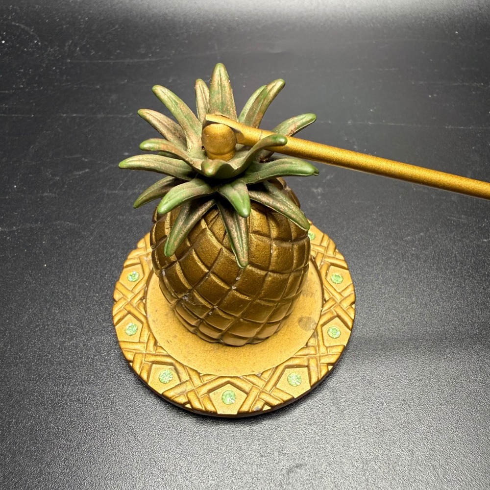 PartyLite Golden Pineapple Candle Snuffer and Base Tray Set Rhinestone Accents